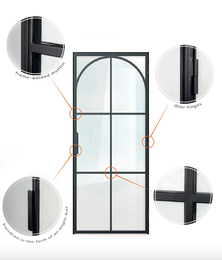 Urban Pure door with callouts to frame-welded muntin, hinges, and angle-bar handrail
