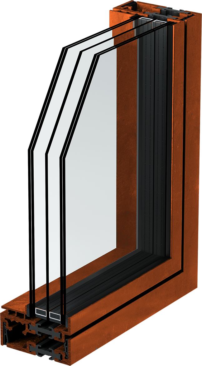 CS75 TB thermally broken corner sample in a Corten steel finish