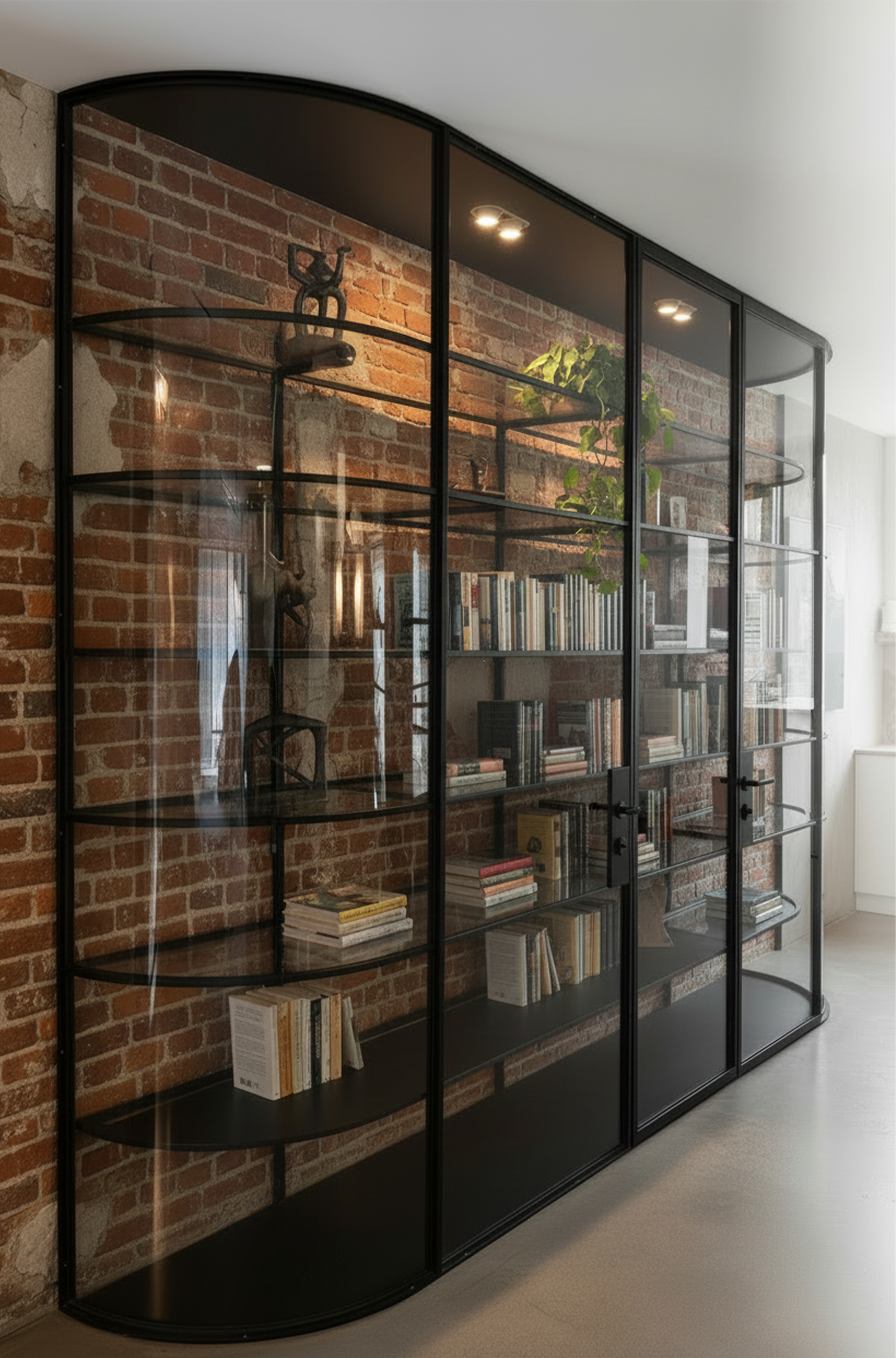 Urban Curved glass display wall with a curved-glass end, framing a brick loft library