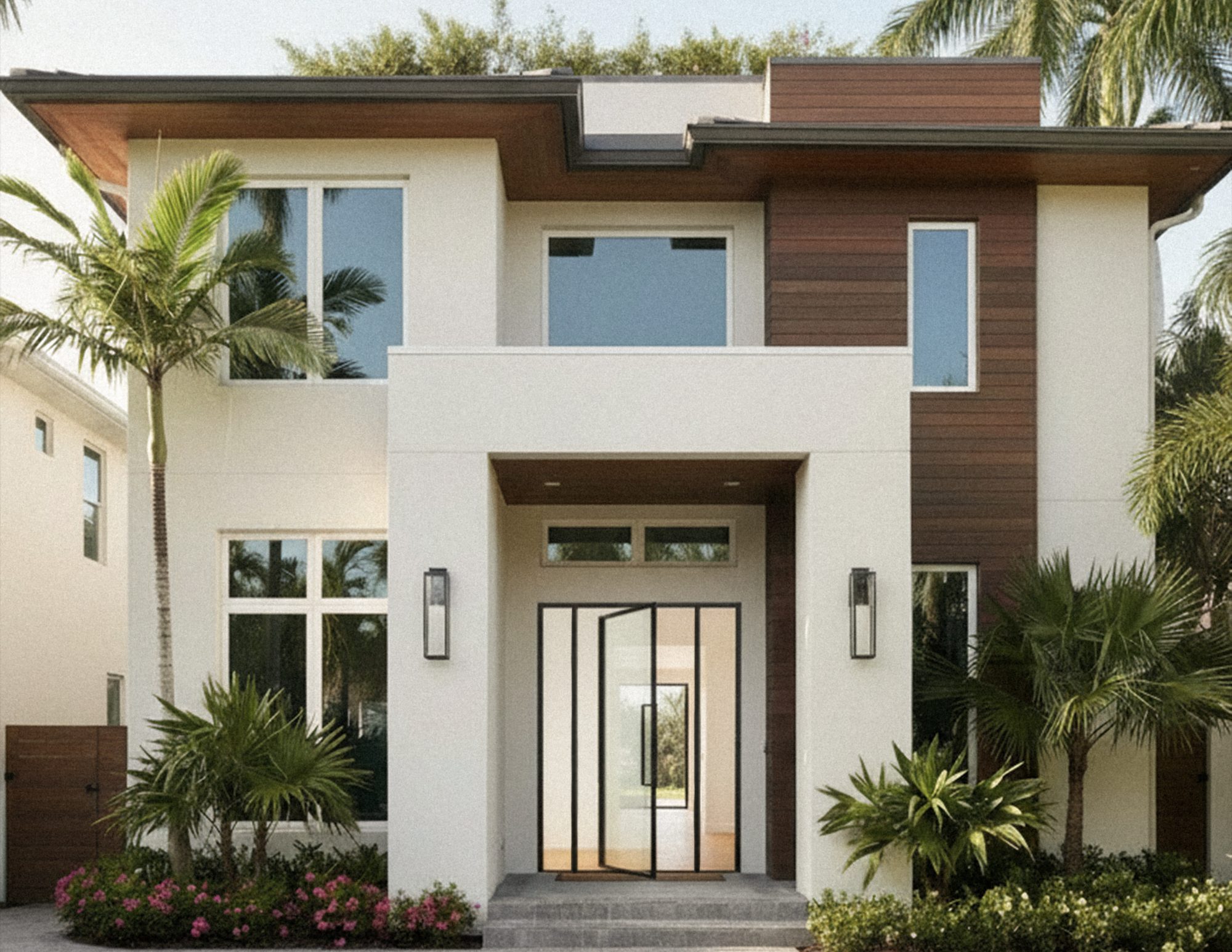 Steel pivot entry door with sidelites on a Southwest Florida home