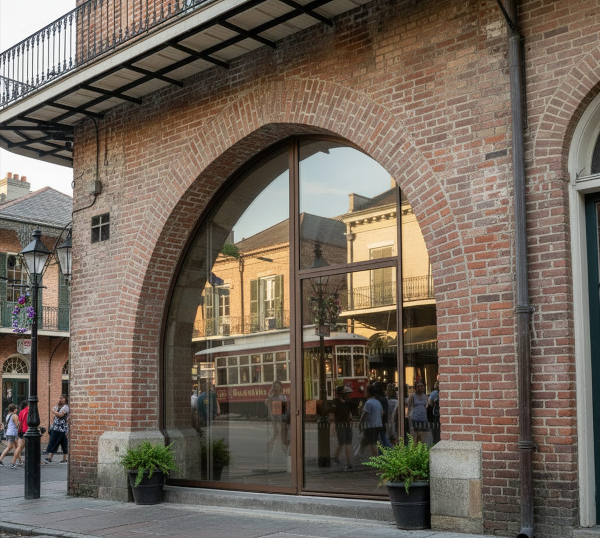 Corten steel arched storefront window framing a historic streetscape