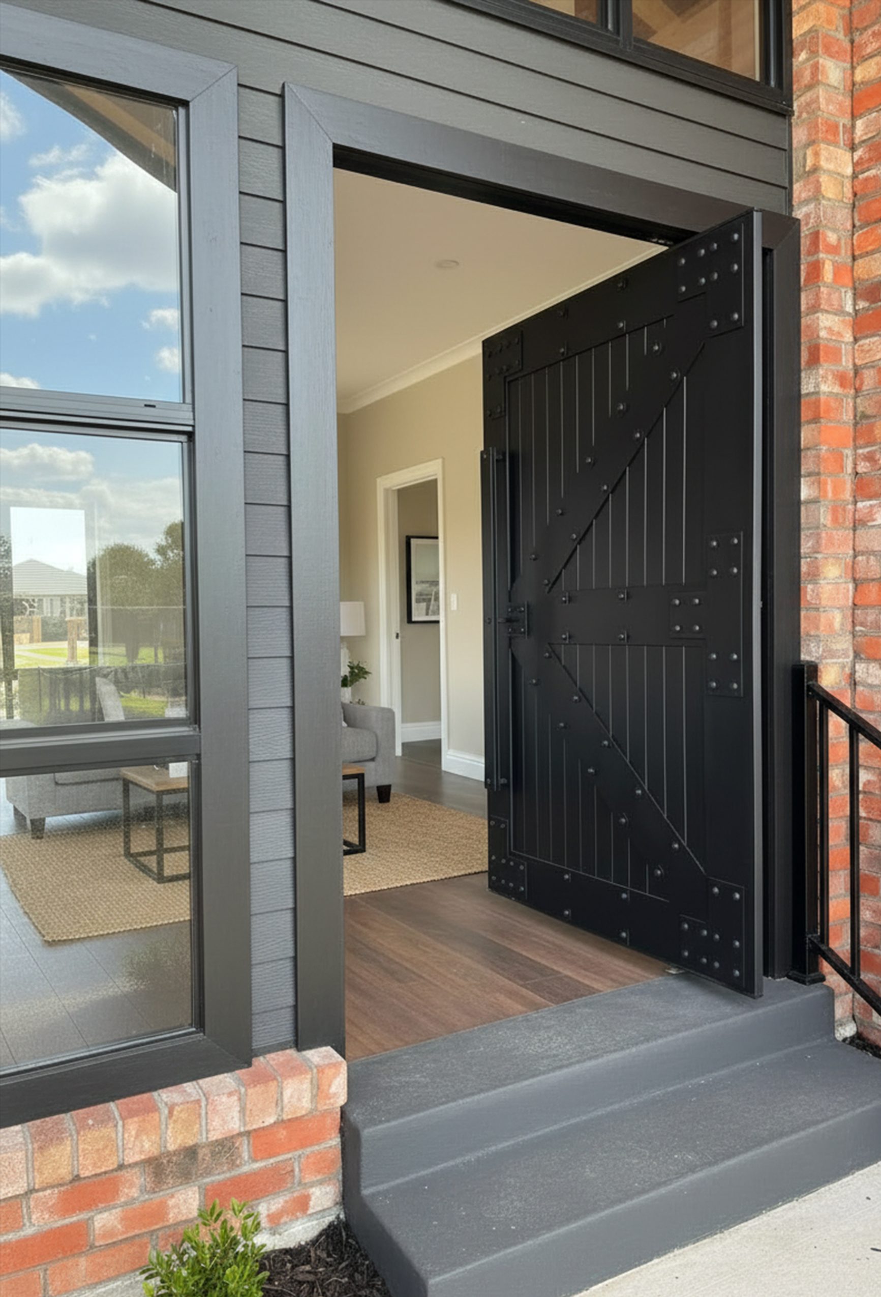 Black steel pivot door open onto a Southwest Florida entry
