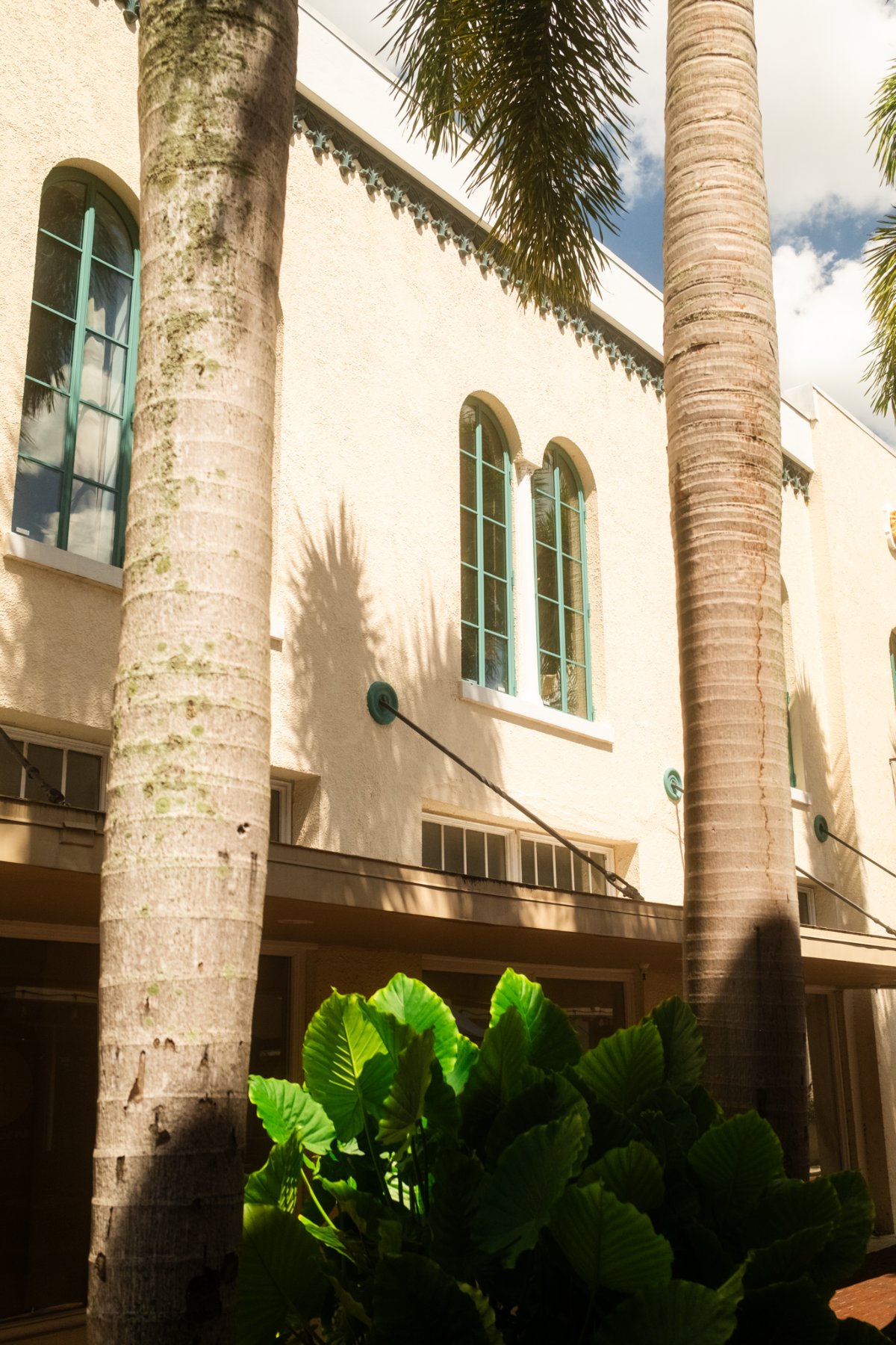 Arched steel windows over courtyard