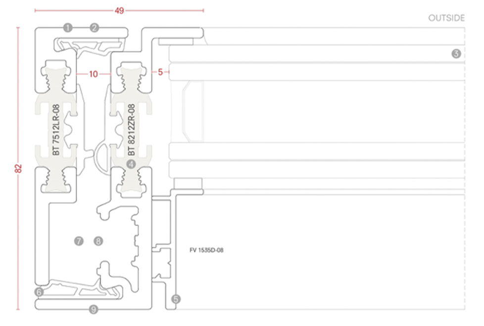 B75TB horizontal profile cross-section drawing with thermal-break isolators and dimensions