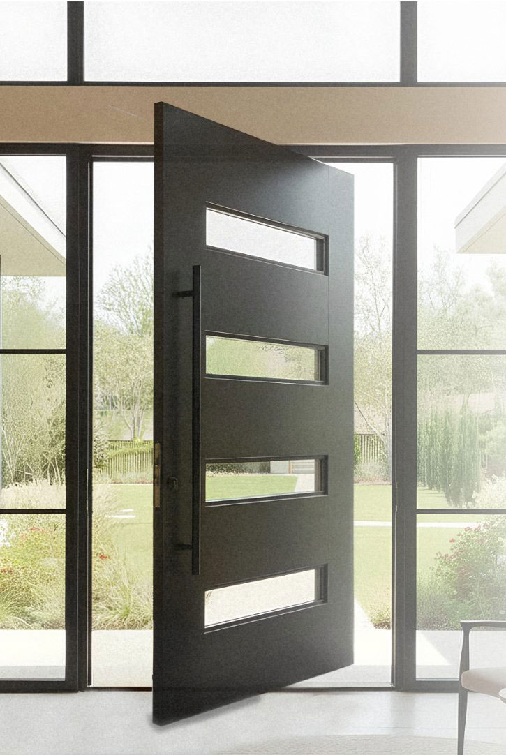 Black steel pivot door with horizontal glass lites, open to a modern interior