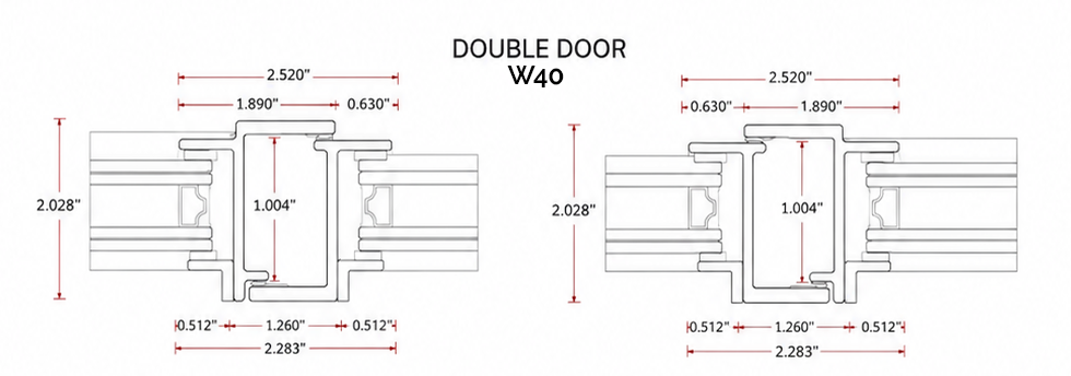 W40 double door meeting stile cut-through sections with dimensions