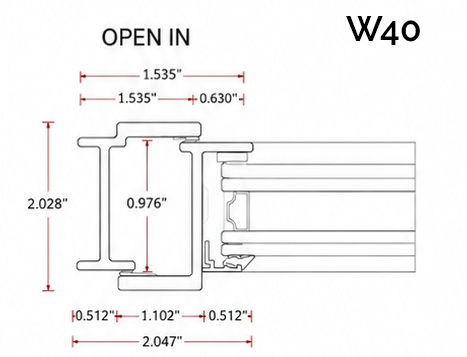 W40 inswing profile cut-through section with dimensions