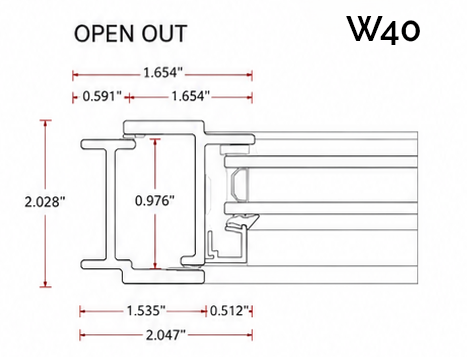 W40 outswing profile cut-through section with dimensions
