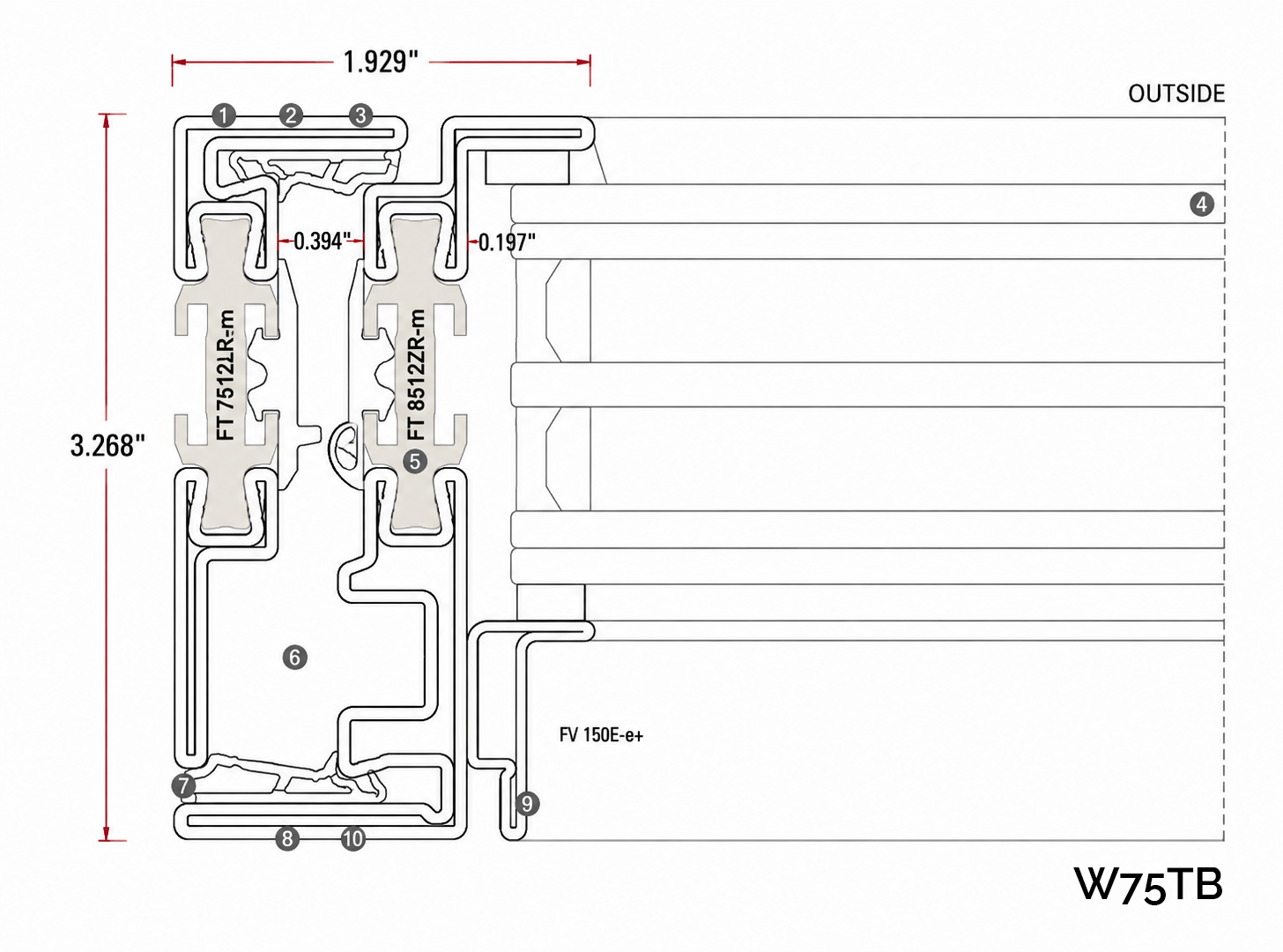 W75 TB thermally broken profile cut-through section with dimensions